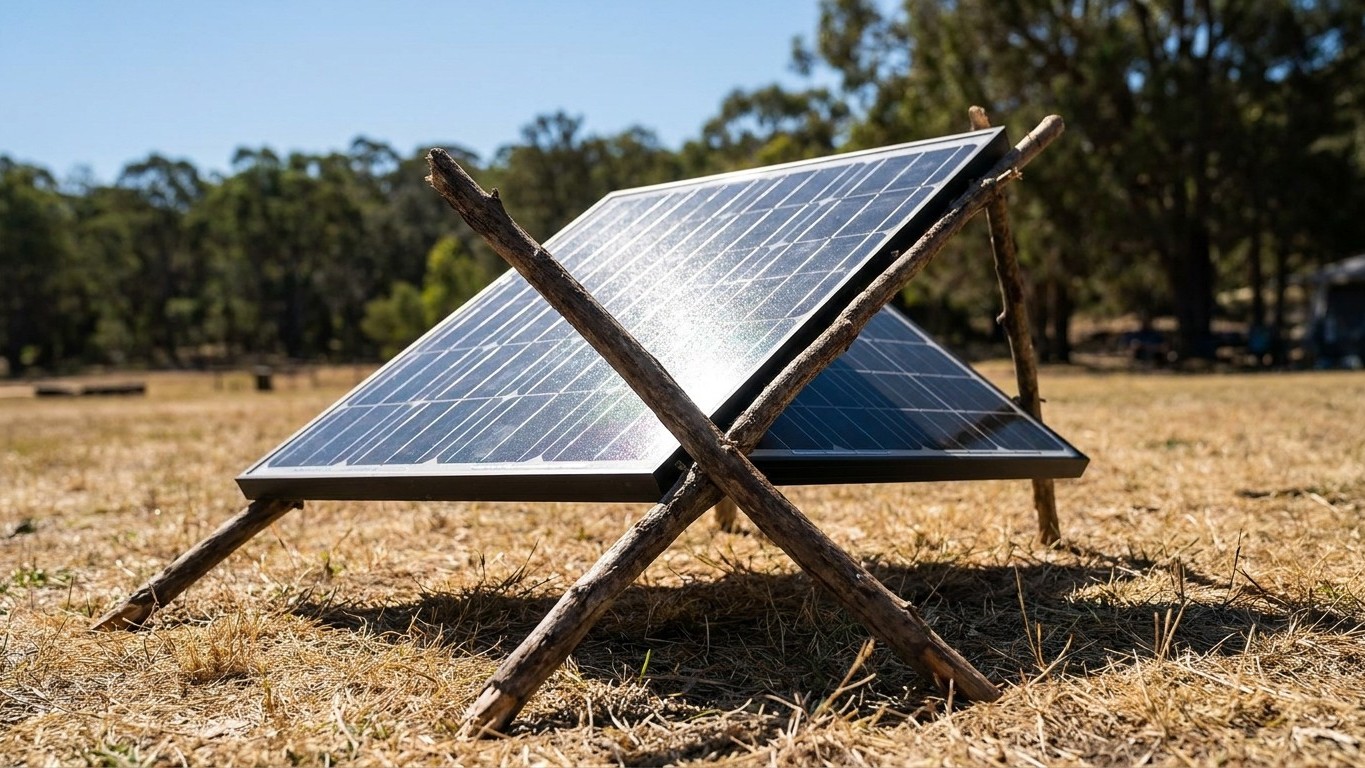 Mon voisin de bivouac surélève toujours son panneau solaire pliable sur deux bâtons et ce n'est pas pour le calage